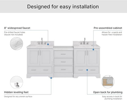 ARIEL Stafford 84-inch Bathroom Vanity with Sink,Solid Wood, 1.5in Italian Carrara Marble Countertop & Backsplash, Double Rectangular Porcelain Sink, 4 Soft Closing Doors, 5 Dovetail Drawers, Grey