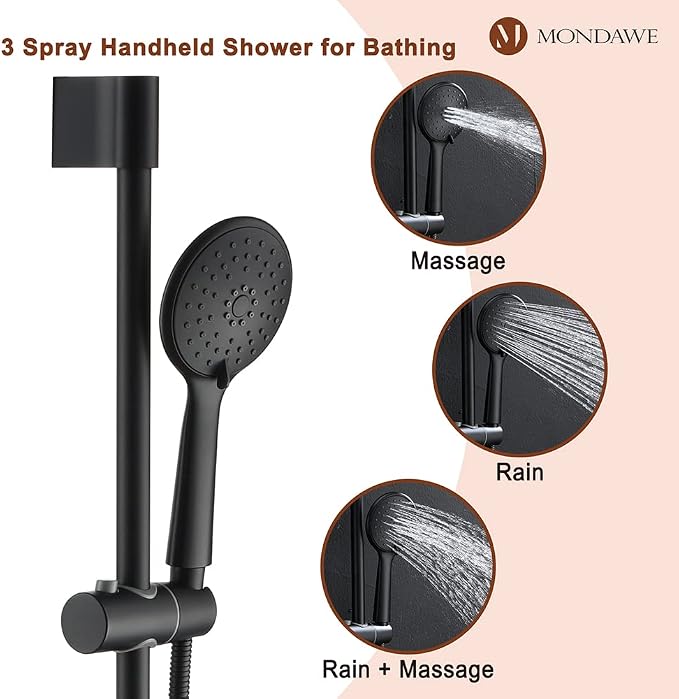 MONDAWE 9 Inch Wall Mounted Shower Faucet Set with Tub Spout in Matte Black, Rainfall Shower Head with 3-Setting Handheld Spray Shower Combo, High Pressure Shower System with Solid Brass Valve