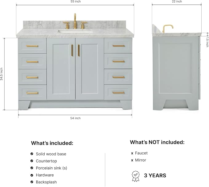 DKB Emilia 54" Grey Bathroom Vanity with Sink, 1.5" Edge Italian Carrara Marble Countertop, Rectangular Undermount Sink, 2 Soft-Closing Doors, 9 Dovetail Drawers, Brushed Nickel