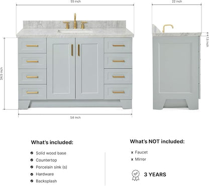 DKB Emilia 54" Grey Bathroom Vanity with Sink, 1.5" Edge Italian Carrara Marble Countertop, Rectangular Undermount Sink, 2 Soft-Closing Doors, 9 Dovetail Drawers, Brushed Nickel