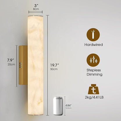 Alabaster Wall Sconce, 20in Linear Gold Brass Wall Sconces, Luxury Marble Look Bathroom Vanity Light, 3000K Dimmable Hardwired Wall Lamp for Living Room Bedroom Hallway, 1 Pack, Faux Alabaster