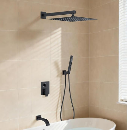 Shower System with Tub Spout, Wall Mounted Bathtub Shower Faucet Set, 12" Rainfall Shower Head and Handheld Shower Combo, High Pressure Shower Fixtures Set with Rough-in Valve, Matte Black