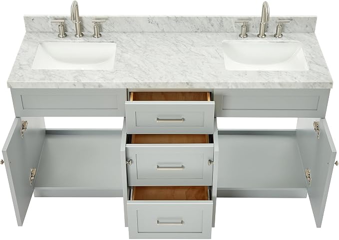Bradford 66" Grey Double Bathroom Vanity with Sink, 1.5" Edge Italian Carrara Marble Countertop, Rectangular Undermount Sinks, 2 Soft Closing Doors, 3 Dovetail Drawers, Brushed Nickel