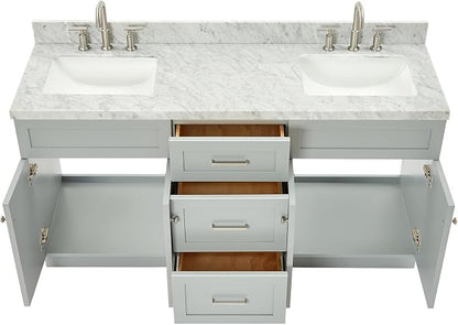 Bradford 66" Grey Double Bathroom Vanity with Sink, 1.5" Edge Italian Carrara Marble Countertop, Rectangular Undermount Sinks, 2 Soft Closing Doors, 3 Dovetail Drawers, Brushed Nickel