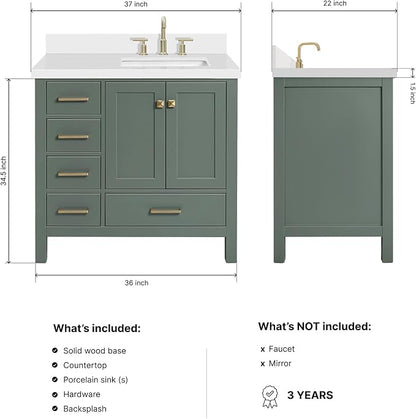 ARIEL Cambridge 36-inch Bathroom Vanity with Sink,Solid Wood, 1.5-inch Pure White Quartz Countertop, Single Rectangular Porcelain Sink, 2 Soft Closing Doors, 5 Dovetail Drawers, Vintage Green