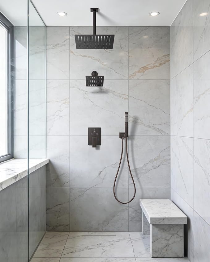 Rain Shower System 12" & 6" Dual Shower Heads Ceiling Shower Faucet Set | Ideal for bathroom remodels and upgrades with 12" rain shower, 6" angled shower, handheld spray and complete valve kit.