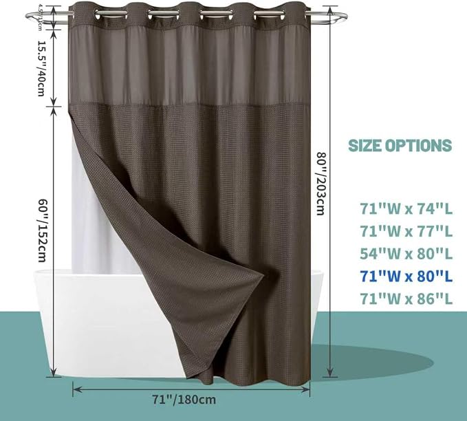 eachope No Hook Waffle Shower Curtain with Snap-in Liner, 71x80 Inch, Brown | 230 GSM waffle weave fabric, waterproof liner set with 2 bottom magnets, mesh top window, washable, for bathroom or hotel use