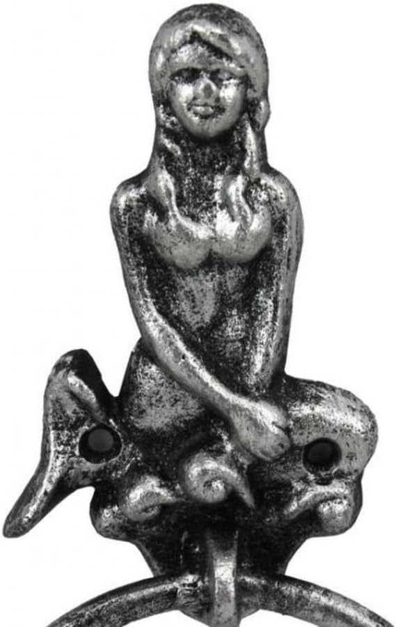Antique Silver Cast Iron Mermaid Towel Holder 8.5 Inch - Mermaid Decoration - Metal Wall Art