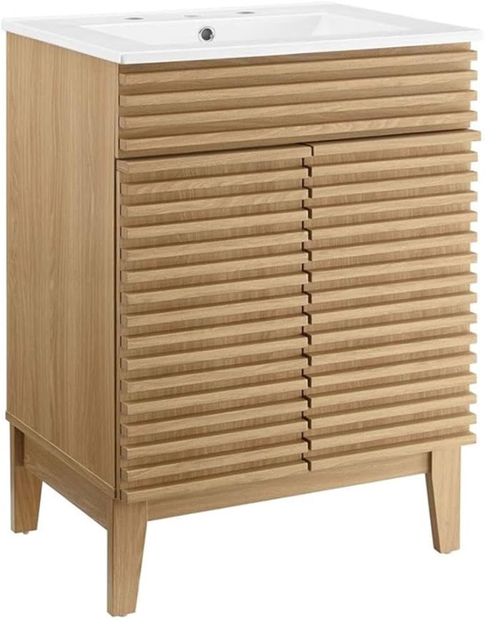 Modway Render Vanity Floor, 24 Inch, Oak/White Sink
