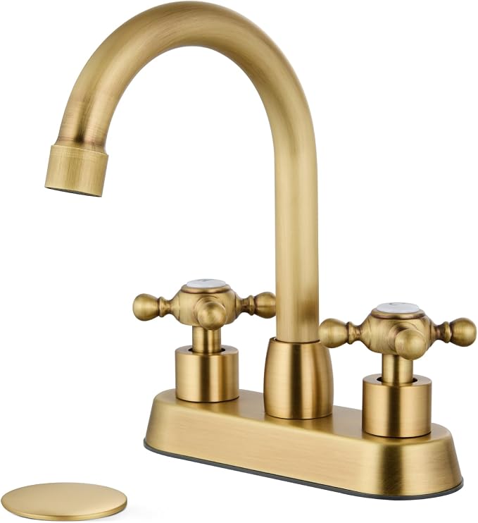 Antique Brass 4 Inch Centerset Bathroom Faucet, Vintage Bathroom Faucet | Lead-Free SUS304 Stainless Steel 4-Inch Vanity Faucet for 2 or 3-Hole Sinks, Cross Handle Design with 360° Swivel Spout