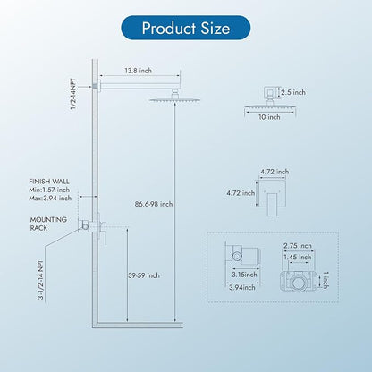 Brushed Nickel Shower Faucet Set, 10 Inch Rain Shower System with Valve | Complete Rain Shower Set with Valve, Single Handle Wall Mount Design