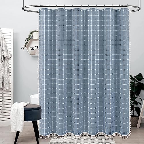 BTTN 60x72 Boho Farmhouse Linen Heavy Duty Fabric Shower Curtain Set, Blue