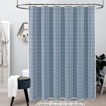 BTTN 72x78 Boho Farmhouse Linen Heavy Duty Fabric Shower Curtain Set, Blue