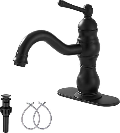 Matte Black Bathroom Faucet GGStudy 360° Swivel Bathroom Vanity Faucet Single Handle One Hole Black Bathroom Sink Faucet Basin Matching Pop Up Drain with Overflow