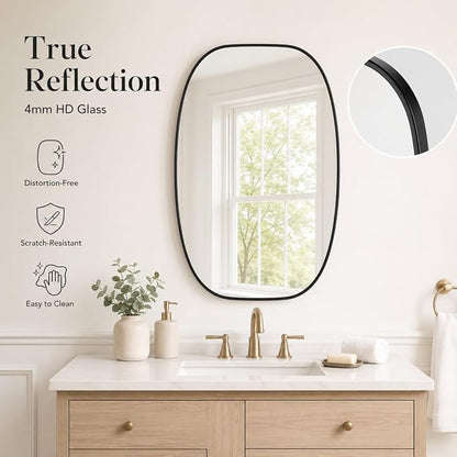 Black Oval Bathroom Mirrors 24x36 Inch | Oblong Vanity Mirror, Crystal-Clear HD Glass, Rust-Proof Aluminum Frame, Inner-Curved Decor for Bedroom, Entryway