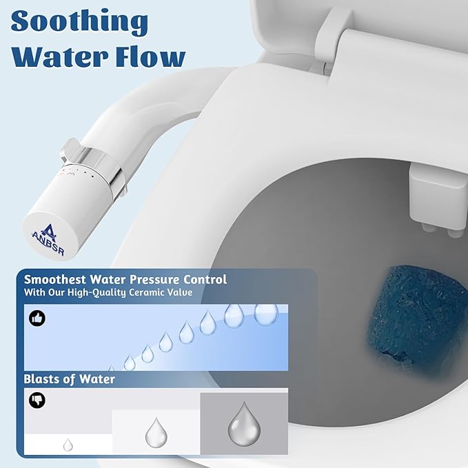 Dual Nozzles Bidet, ANBSR Ultra-Slim Bidet Attachment for Toilet (Feminine/Posterior Wash) Non-Electric Cold Water Toilet Seat Bidet with Adjustable Pressure Control