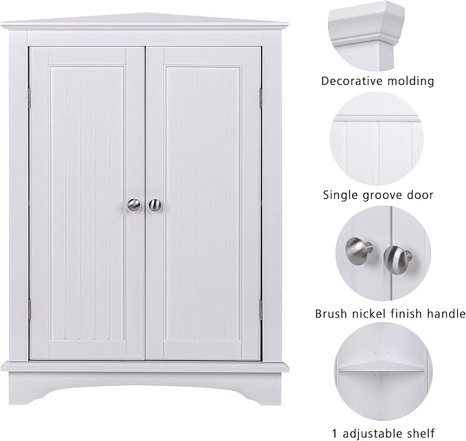 Spirich Corner Bathroom Cabinet with Doors and Adjustable Shelf, White | 2 Beadboard Doors, Adjustable Shelf, Space-Saving Triangular Design for Bathrooms, Kitchens, Living Rooms, and Entryways