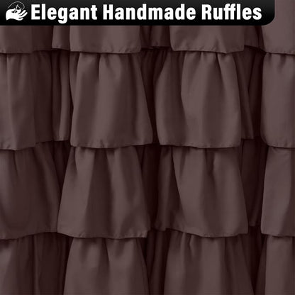 Seasonwood Brown Ruffle Shower Curtain Farmhouse Shower Curtain 72 X 84 | Natural button accents, layered fabric tiers, shabby chic and French country styling for decorative bathroom updates
