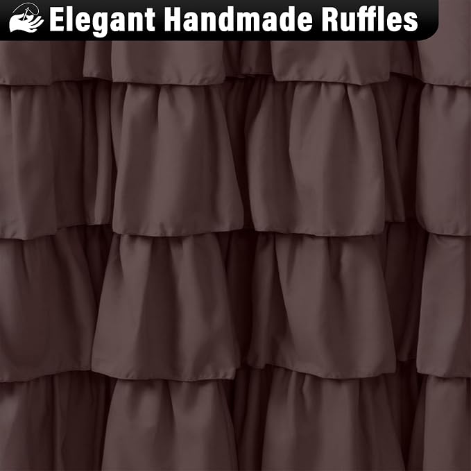 Seasonwood Brown Ruffle Shower Curtain Farmhouse Shower Curtain 72 X 78 | Natural button accents, layered fabric tiers, shabby chic and French country styling for decorative bathroom updates