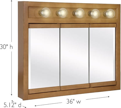 Design House Richland Medicine Cabinet with 5 Lights, Fully Assembled, Wall Mounted, 3 Mirrored Doors, Wood Frame, Oak Finish, 36 in x 5 in x 30 in, 530618-NOK