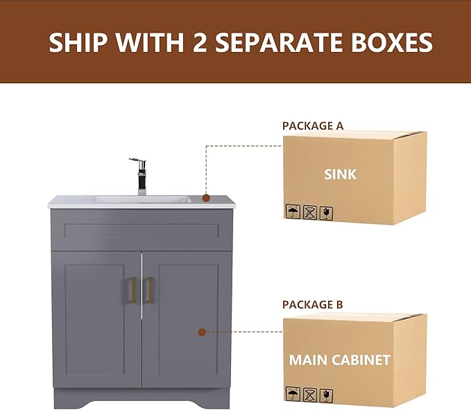 Bathroom 30" Vanity with Ceramic Sink, Wooden Double Door Bathroom Storage Cabinet, Freestanding Cabinet Vanity with Sink (Paint, Grey,30")