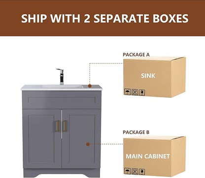 Bathroom 30" Vanity with Ceramic Sink, Wooden Double Door Bathroom Storage Cabinet, Freestanding Cabinet Vanity with Sink (Paint, Grey,30")