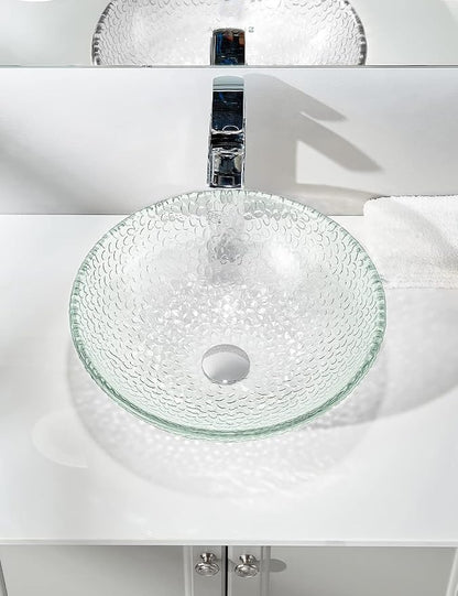 Pearl Series Glass Vessel Sink In Ice Top Raindrop Mount Sinks Above Countertop | Vanity Countertop Clear Transparent Sink Bowl with Pop Up Drain | FW-LA623