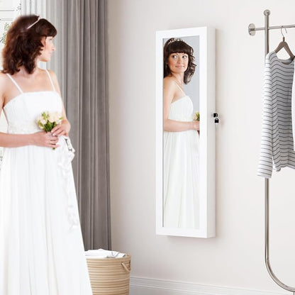 Full Length Mirror Jewelry Cabinet Organizer Lockable Door Wall-Mounted Jewelry Armoire with Shelves and Behind-the-Door Storage - White