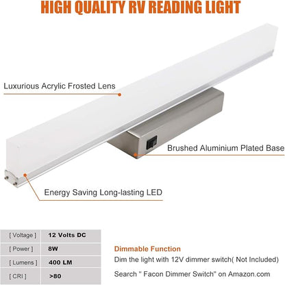 Facon 12V-24V DC RV Vanity Light Fixtures with Switch, 16.5Inch LED RV Wall Sconces Bathroom Mirror Light with Acrylic Lens, RV Interior Lights for RV, Camper, Motorhome, Boat