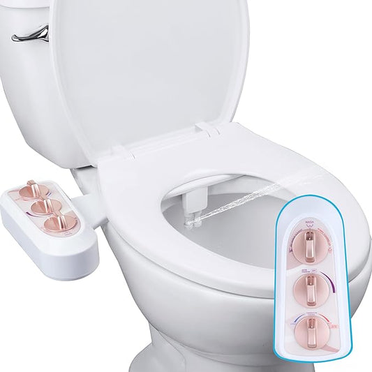 Hibbent Bidet Attachment for Toilet with Self Cleaning Dual Nozzle, Hot and Cold Water Spray Non-Electric Mechanical Toilet Seat Bidet for Rear or Female Washing Sanitizing, Rose Gold