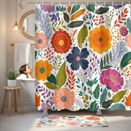 Boho Floral Shower Curtain for Bathroom 72X72Inch