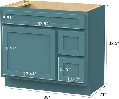 Vanity Art 36 Inch Single Bathroom Vanity Base Cabinet with 2 Functioning Shaker Drawers, Strudy Floor Mount Green Storage Cabinet Organizer for Bedroom, Living Room VA4036-2RGN
