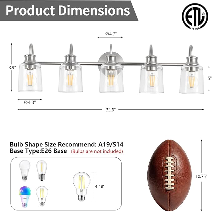 5 Lights Bathroom Light Fixtures Brushed Nickel Vanity Lights | ETL Certificate, Easy to Install,Wall Mount Up or Down,Thickened Glass Lampshade,E26 Socket,Hardwired