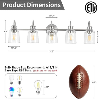 5 Lights Bathroom Light Fixtures Brushed Nickel Vanity Lights | ETL Certificate, Easy to Install,Wall Mount Up or Down,Thickened Glass Lampshade,E26 Socket,Hardwired