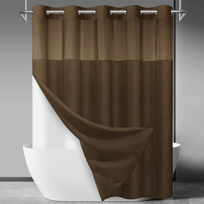 SORTTO No Hook Slub Shower Curtain with Liner, 71x74, Chocolate | Snap in Liner, 3 in 1, Bamboo Texture, Hotel Style, Waterproof Fabric, Mesh Top Window, Corner Magnets, Machine Washable