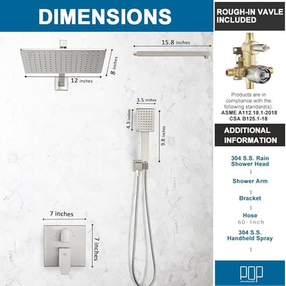 Shower Faucet Set Brushed Nickel Rainfall 12 Inch Shower Head and Handle Set Bathroom Rain Shower System Wall Mounted Shower Fixture Include Shower Valve and Trim Kit