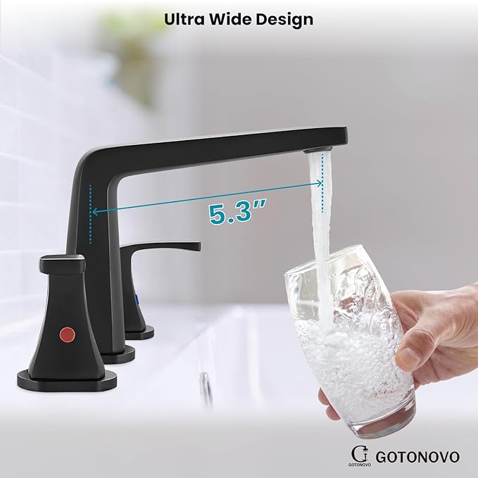 gotonovo Bathroom Sink Faucet 3 Holes 2 Handles Widespread 8 Inch Bathroom Faucet with Pop Up Drain Hot Cold Water Supply Lines Lavatory Vanity Mixer Tap, Thin Style, Matte Black
