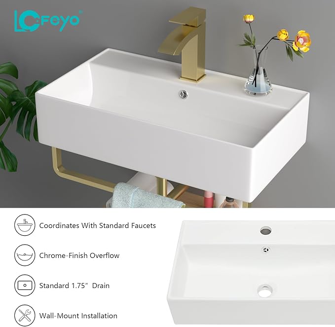 21x12 Inch Wall Mounted Vessel Sink with Gold Faucet and Drain Combo, White Ceramic Rectangle Bathroom Vanity Basin, Modern Floating Lavatory for Small Bathroom