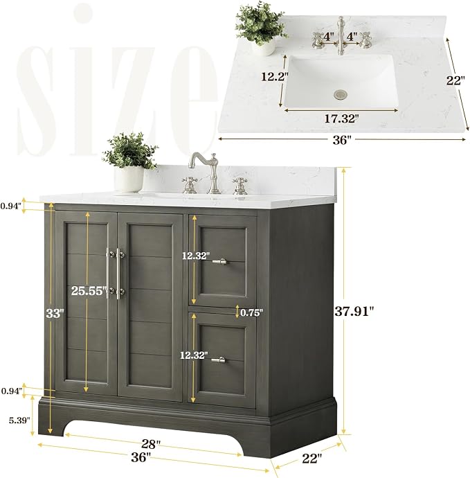 Vanity Art 36 Inch Bathroom Vanity with Single Sink, Silver Grey | Solid Wood, Ceramic Sink, Marble Top, Waterproof Backsplash, Pre-assembled, Soft-close Doors, Ample Storage, Freestanding