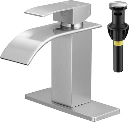 Waterfall Bathroom Faucet, Single Handle Brushed Nickel Sink Faucet 1 Hole or 3 Hole for Lavatory, Washbasin, Vanity, Commercial, with Deck, Pop-up Drain and Supply Hoses