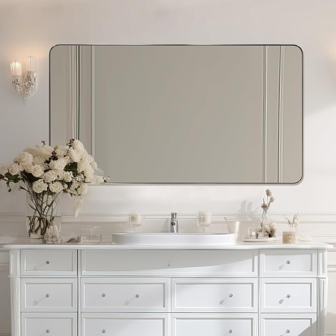 Brushed Nickel Mirrors for Bathroom Sink, 24x48 Inch Bathroom Vanity Mirror with Rectangular Metal Frame-Modern Clean Design with Superior Stainless Steel Frame