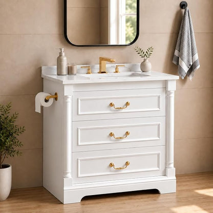 YESHOMY 30" Bathroom Vanity with Sink, Marble-Look Countertop, White | Freestanding Storage Cabinet with Ceramic Basin, Tilt-Out Drawer and Additional Drawers for Bathroom