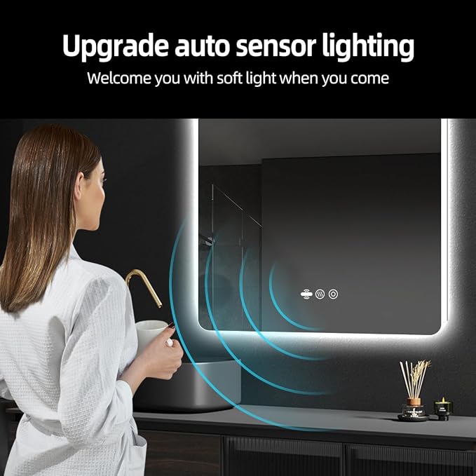 36" x 36" LED Bathroom Mirror with Lights - Motion Sensor | Smart Backlit Mirror Bathroom, Frameless, Auto Sensor, Anti-Fog, Stepless Dimmable 3-Color, Ultra-Clear & Shatter-Proof