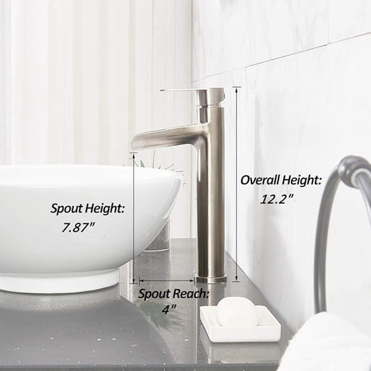 VCCUCINE Vessel Sink Faucet Brushed Nickel, Single Handle Single Hole Waterfall Rv Bathroom Faucet, Tall Lavatory Vanity Bowl Sink Faucet with Pop Up Drain and Two 3/8" Hoses