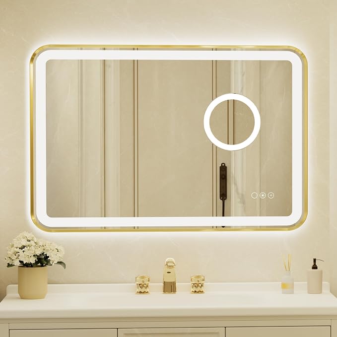 24x36 Inch Gold Framed LED Bathroom Mirror with Lights,Magnifying Tempered Glass,Dimmable Lighted Bathroom Vanity Mirror with 3 Colors, Backlit + Frontlit, Anti-Fog