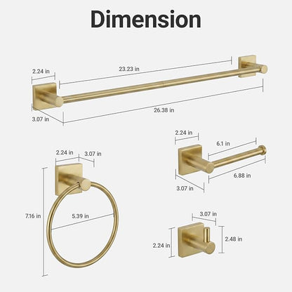 24-Inch Wall Mounted Towel Racks for Bathroom – Space Saver 4-Piece Durable Stainless Steel Bathroom Hardware Set with Towel Bar, Towel Ring, Toilet Paper Holder & Hook, Gold