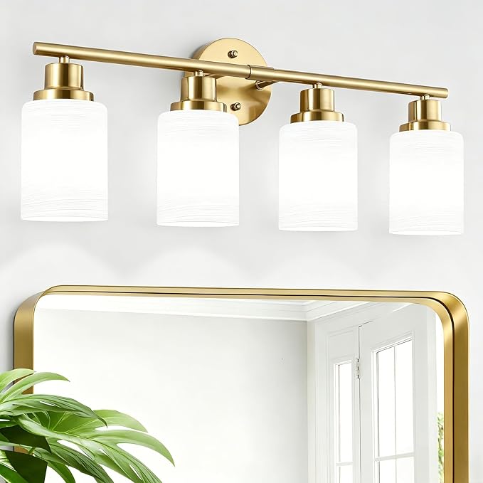 4-Light Vanity Lights, Brushed Gold Bathroom Light Fixture with Striped Textured Milky White Glass Shade, Modern Vanity Lighting Fixture for Bathroom Wall Light Over Mirror, E26 Wall Sconce