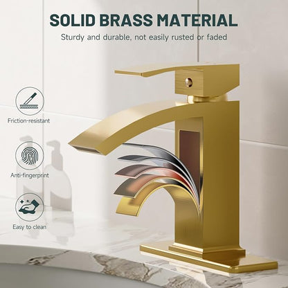 Brushed Gold Waterfall Bathroom Faucet for 1 or 3 Holes, Brass | Single Handle Bathroom Sink Faucets for Lavatory Commercial Vanity, Basin Taps with Deck Plate, Pop Up Drain and Supply Line