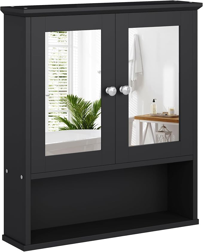 Bathroom Wall Cabinet with Mirror, Bathroom Mirror Cabinet Wall Mounted, Over Toilet Medicine Cabinets with Adjustable Shelf, Large Capacity, Black