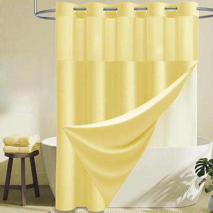 Yellow Hook Free Waffle Shower Curtain & Snap Fabric Liner,72x87 | Less Time to install, 3 in 1 Fabric Shower Curtain and Liner Set with Magnets, Extra Long, Shower Curtains for Bathroom